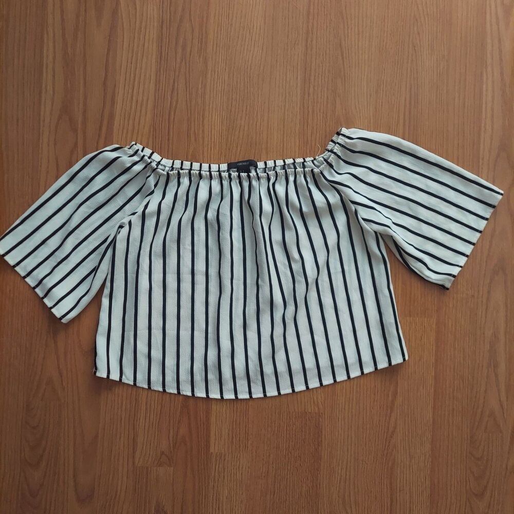 Forever 21 women's top black white stripe off-the-shoulder blouse size small